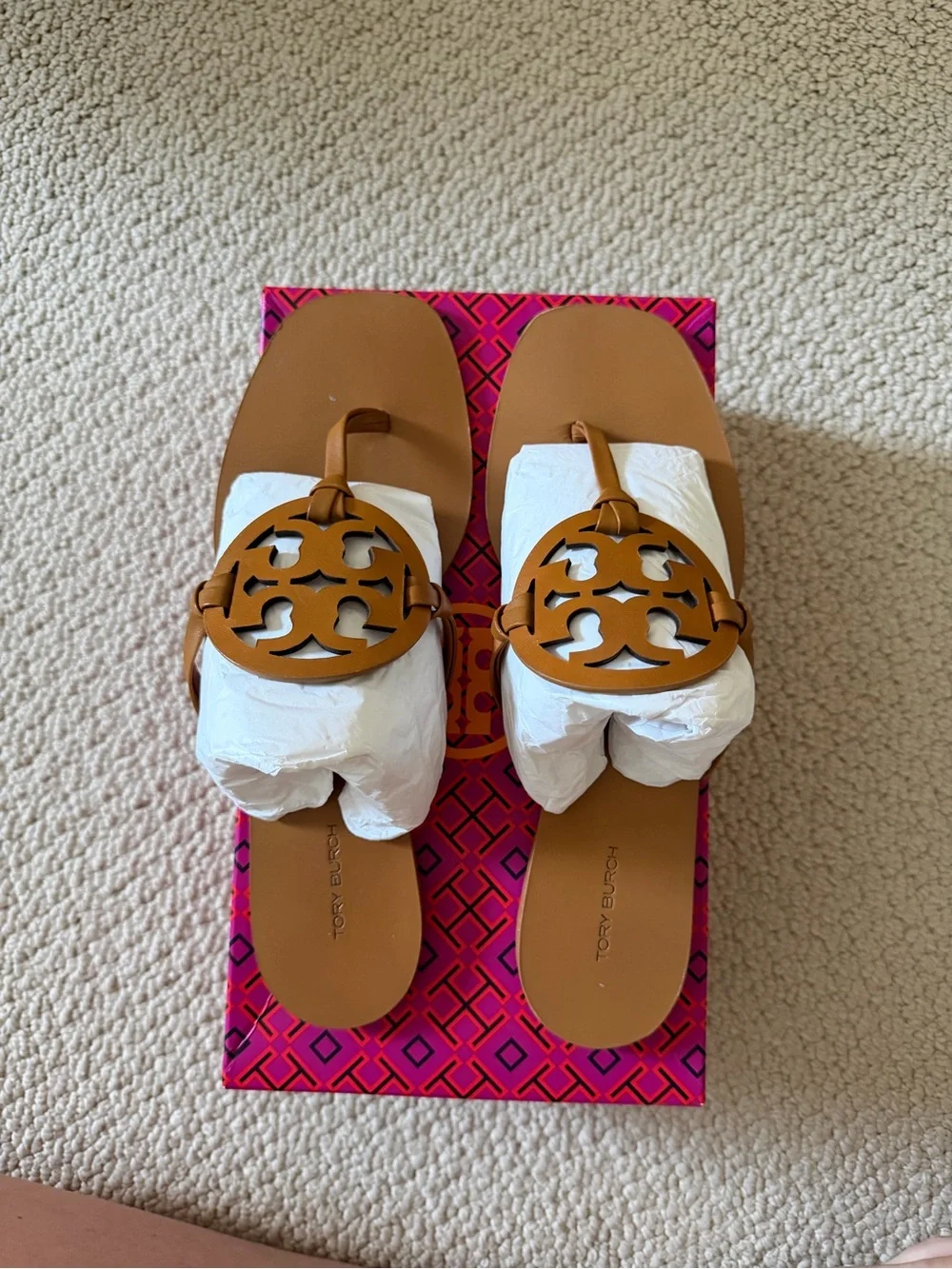 Tory Burch Cognac Leather Square Toe Sandals